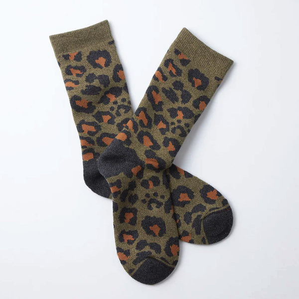 Pile Leopard Crew Socks - Dark Olive